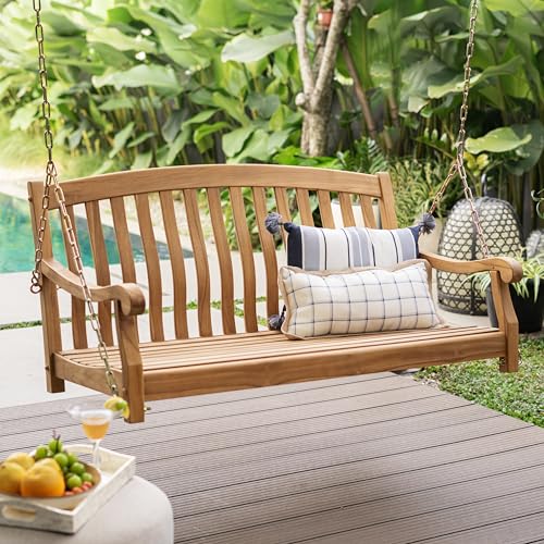 Cambridge Casual Arie Porch Swing – Solid Indonesian Teak Outdoor Hanging Swing Bench with Natural Weather-Resistant Finish – Comfortable 2-Seater Swing for Porch, Patio, Garden, or Backyard