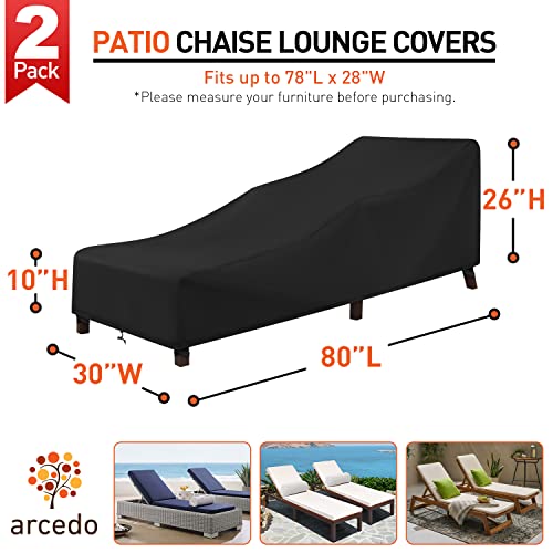 Arcedo Patio Chaise Lounge Cover Waterproof 2 Pack, Lounge Chair Covers for Outdoor Pool Lounger and Patio Furniture, 80" x 30" x 26" H, Black