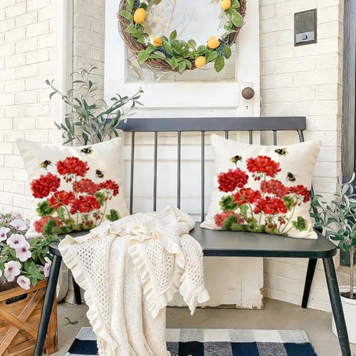 RABUSOFA Spring Summer Outdoor Geranium Pillow Covers 18x18 Inch Set of 2 Waterproof for Outside, Red Bee Holiday Farmhouse Seasonal Indoor Cushion Cases Decoration for Patio Furniture