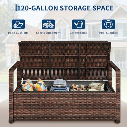 75 Gallon Outdoor Storage Bench with Cushion, 2-Seater PE Rattan Patio Storage Box with Backrest & Armrests, Weatherproof Lockable Deck Box for Garden, Balcony, Porch, Pool, Yard, Dark Brown
