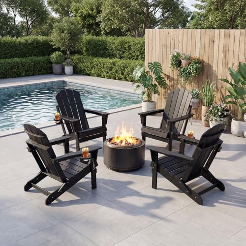 SFYLODS HDPE Folding Adirondack Chair, Outdoor Patio Chair with Cup Holder, Weather Resistant Wood Grain Lawn Chair for Backyard, Garden, Fire Pit, Deck, Black
