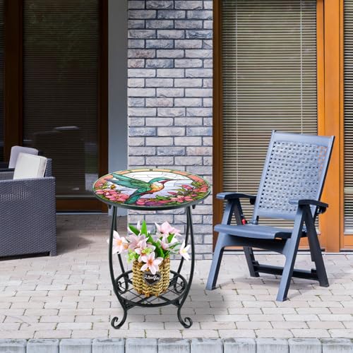 Cinnvoice Outdoor Side Table Round Small Mosaic Patio Accent Indoor End Plant Coffee Tea Table for Yard Patio Porch Garden Living Room, Bedroom(Hummingbird Style,14 Inch)