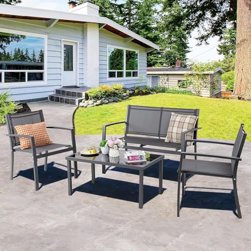 Shintenchi 4 Pieces Patio Furniture Set All Weather Textile Fabric Outdoor Conversation Set, with Glass Coffee Table, Loveseat, 2 Single Chairs for Home, Garden, Lawn, Porch（Gray）