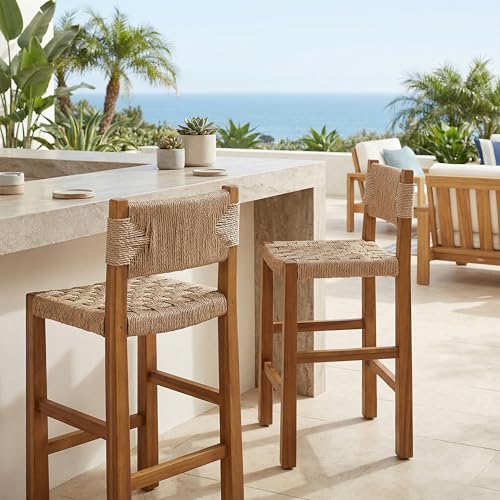 Christopher Knight Home 2-Pack Outdoor Counter Height Bar Stools with Backrest, Acacia Wood Frame Woven Wicker, 28" Patio Bar Chairs with Teak Finish for Deck Balcony Outdoor Bar Table, Light Brown