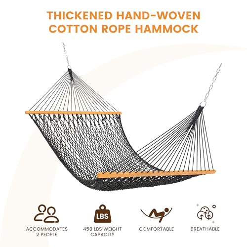 Lazy Daze Hammocks Double Rope Hammock, 2 Person Traditional Outdoor Hand Woven Cotton Rope Hammock with Spreader Bar, Carabiners, Tree Straps, Chains for Patio Yard - Max 450 Lbs, Dark Grey