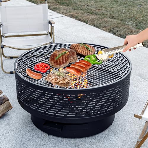 OutVue 32" Wood Burning Fire Pits with Grill & Lid, Fire Pit Table for Outside with Waterproof Cover & Fire Poker, Outdoor Firepit with Functions for BBQ,Table and Bonfire