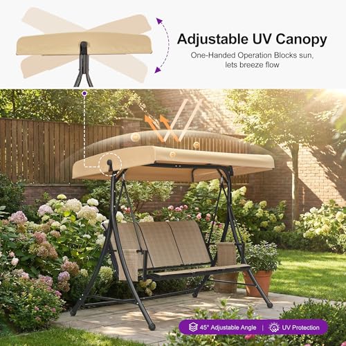 PURPLE LEAF 3-Seat Patio Swing with Stand and Meatl Steel Frame Porch Swing with Adjustable Tilt Canopy All-Weather Outdoor Swing Chair Seat for Backyard Garden Deck Balcony (Khaki)