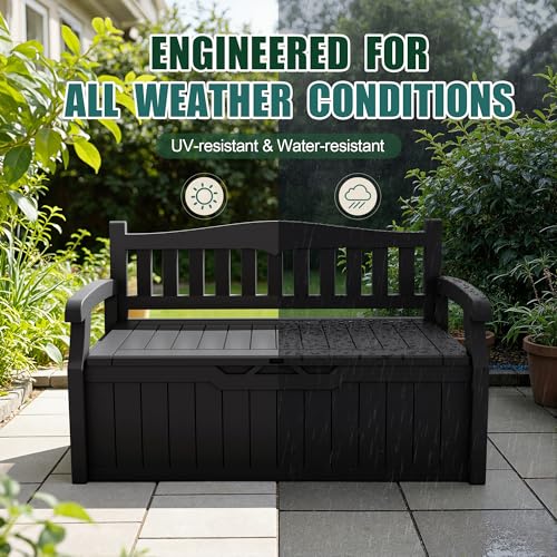 Devoko 80 Gallon Storage Bench Deck Box Lockable for Patio Furniture, Garden Decor and Outdoor Seating for Cushions, Garden Tools and Pool Supplies (Black)