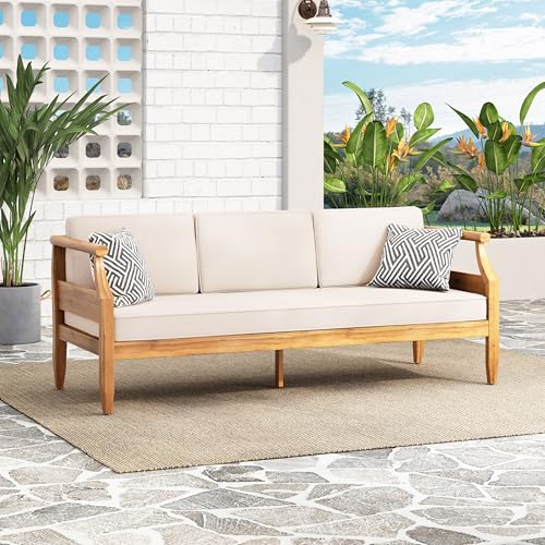 Christopher Knight Home Aston Outdoor 3 Seater Sofa, Upholstered Cushion Couch, Acacia Wood Bench Sofa, Slat Armchair, 73.25" W Spacious Seating Bench Couch for Gardern Porch Balcony, Teak+Beige