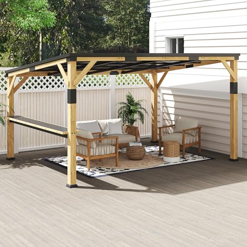 Outsunny 10' x 14' Wooden Gazebo with Galvanized Steel Sloped Roof, Hardtop Lean-to Gazebo Pergola with Bar Shelf, Large Heavy Duty Awning for Patio, Deck, Backyard, Natural Wood