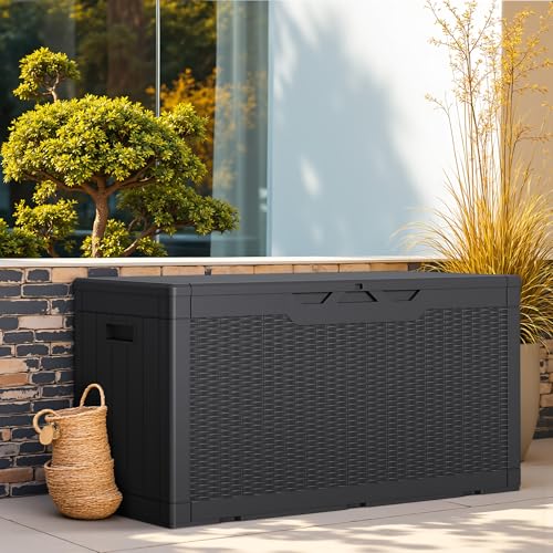 Greesum Outdoor Storage Box 100 Gallon Storage Bin with Lid for Patio Furniture, Garden Tools, Pool Supplies, Lockable, Waterproof and UV Resistant, Black