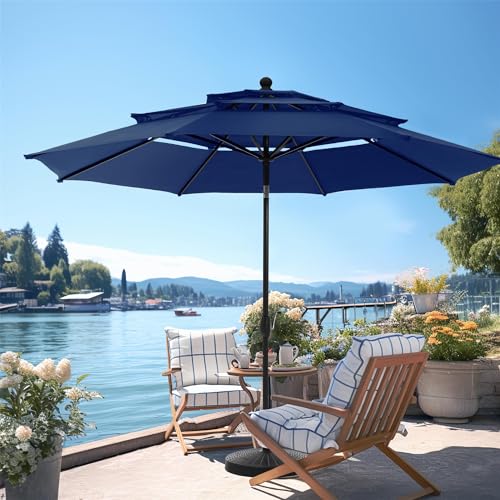 PHI VILLA 10ft Outdoor Patio Umbrellas for Outside, 3 Tier Vented Market Table Umbrella Windproof for Backyard, Deck, Garden, 1.5" Pole, Dark Blue（No Base）