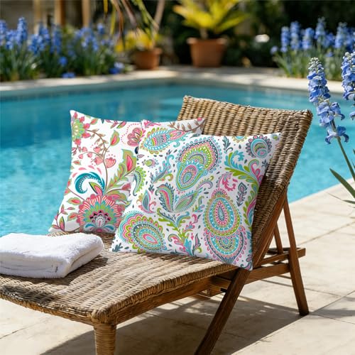NIGHTWISH Outdoor Waterproof Pillow Covers 18x18 Set of 4 Spring Summer Floral Boho Decorative Outdoor Throw Pillows Paisley Cushion Cases for Patio Furniture Bench Couch Sunbrella