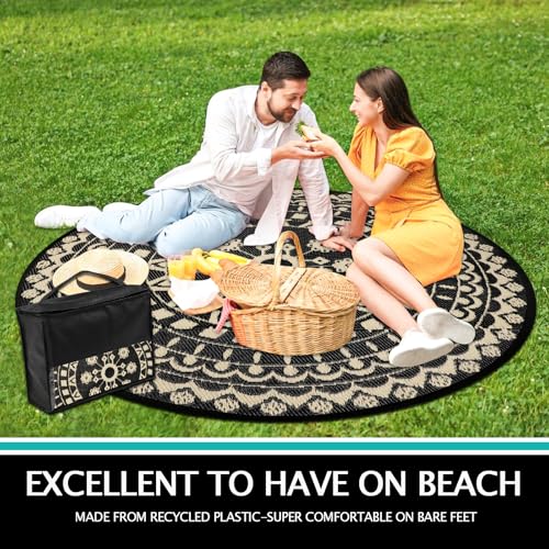 Capslpad 6Ft Round Outdoor Rug for Patio Reversible Mat Waterproof Plastic Straw Rug Boho Circle Indoor Outside Area Rug for RV Camping Picnic Pool Tent Balcony Beach Deck Doormats Decor, Beige