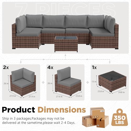 LHBcraft Patio Furniture Set with Rain Cover,7 Pieces Outdoor Wicker Rattan Patio Furniture, Wicker Rattan Outdoor Sectional Sofa Set with Coffee Table for Garden, Poolside Taupe-Grey