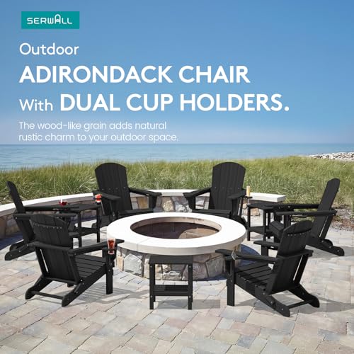 SERWALL HDPE Folding Adirondack Chair with Dual Cup Holder - Composite Adirondack Chair Set of 4- Black