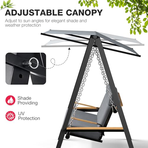 Pamapic 3-4 Seat Porch Swing with Stand, 990lbs Heavy Duty Outdoor Swings for Adults with 4“ Thick Cushions, Breathable Textilene Mesh Base, Adaptive Pillow, Adjustable Canopy, Side Trays for Backyard