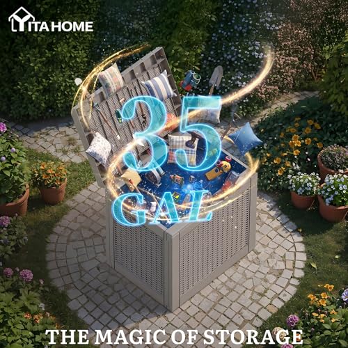YITAHOME 35 Gallon Outdoor Deck Box, Lockable Waterproof Storage Box, Resin Storage Bin for Patio Cushions, Gardening Tools, UV Resistant, Brown