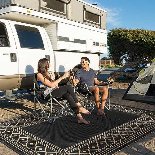 GENIMO Outdoor Rug Waterproof 8'x10' for Patio, Foldable Reversible Plastic Straw Carpet for Travel Trailers, Outside Area Mat for Rv, Deck, Picnic, Porch, Camper, Balcony, Beach, Black & Brown