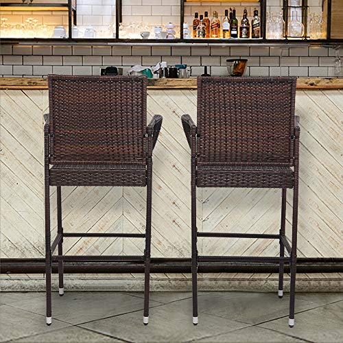 VINGLI Outdoor Bar Stools Set of 2, All-Weather Wicker Outdoor Barstools with Cushion, Patio Bar Stools for Garden Pool Lawn Backyard