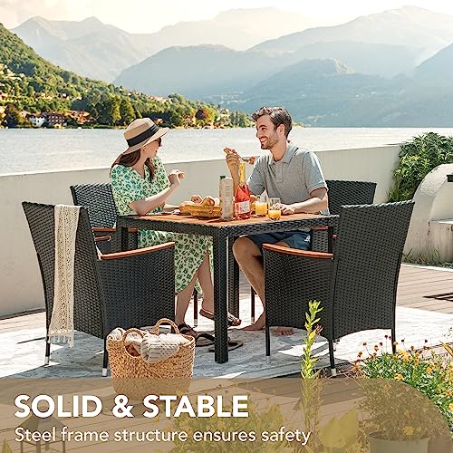 Devoko 5 PCS Furniture, Patio Conversation Set with Acacia Wood Top, Rattan Outdoor Dining Table and Chairs for Backyard, Garden, Deck, Black