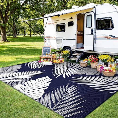 sarben Outdoor Rug 5’x8’ Waterproof for Patio Clearance, Reversible Indoor Outdoor Plastic Straw Camping Rug Carpet, RV Mat, Large Area Rug for Deck, Backyard, Balcony, Porch, Beach, Blue & White