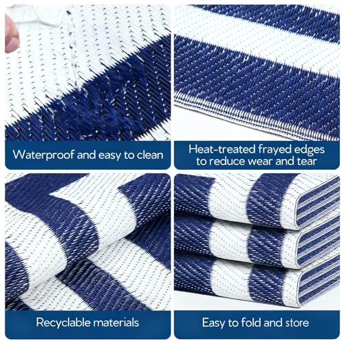 8'x 10' Outdoor Rug,Waterproof Reversible Patio Rugs,8x10 ft Plastic Straw Outdoor Carpet Foldable Plastic Camping Mat for Outside RV, Patio,Picnic,Camper,Balcony,Porch(Navy Blue &White)