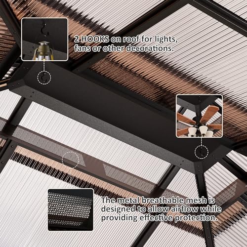 BETISEF 10'x12' Hardtop Gazebo, Outdoor Polycarbonate Roof Canopy, Aluminum Frame Permanent Pavilion with Curtains and Netting, Canopy for Garden, Patio, Lawns