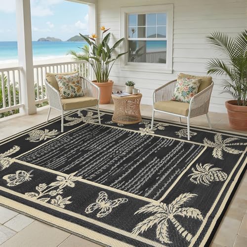 Garvee Outdoor Rug 5x8 Waterproof for Patios, Reversible Plastic Straw Rug, Tropical Leaf Indoor Outdoor Rugs, Large Area Rug for RV, Camping, Deck, Picnic Mat, Outside Carpet, Black & Brown