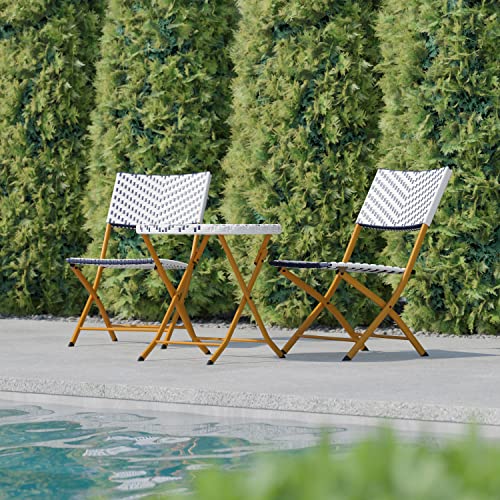 Flash Furniture Rouen Commercial Grade Folding Bistro Set, Indoor/Outdoor PE Rattan Table Top, Back and Seat, Natural Steel Frames, 3 Piece Set, Navy/White