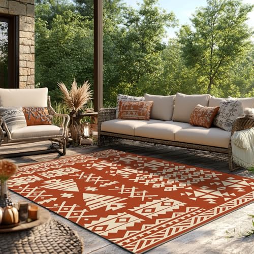 WILDROOTS 5x8 Feet Plastic Exotic Red Outdoor Rug, Stain Resistant Waterproof Reversible Outdoor Patio Rug, Fade Resistant Camping Rug