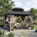 10' x 12' Aluminum Hardtop Gazebo with Double Metal Roof, All-Weather Permanent Outdoor Canopy with Netting & Curtains for Patio, Backyard, Deck, and Lawn