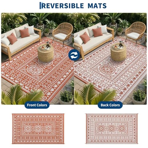 Garvee Reversible Outdoor Rug 5x8 for Patio, Waterproof Outdoor Area Rug, Boho Medallion Indoor Outdoor Carpet for Porch, Plastic Straw Rug for RV, Camping, Deck, Vintage Terracotta