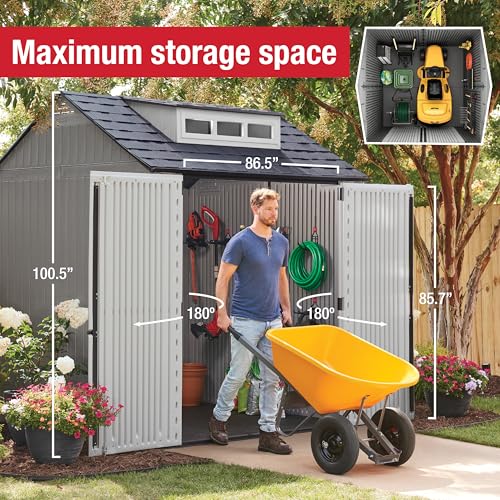 Rubbermaid Resin Outdoor Storage Shed With Floor (7 x 7 Ft) Weather Resistant Gray Organization for Home/Backyard/Garden Tools/Lawn Mower/Bike Storage/Pool Supplies