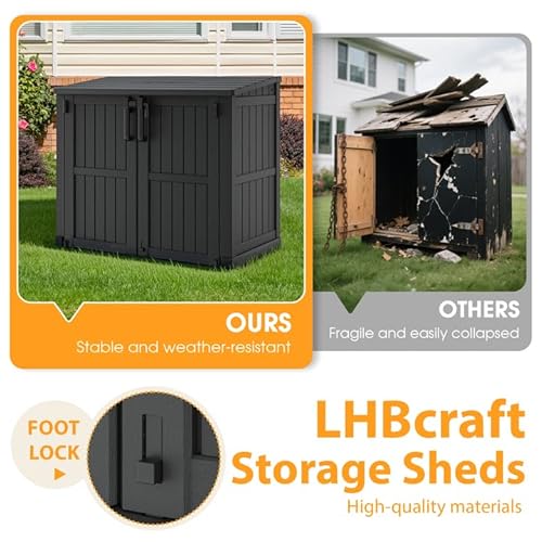 LHBcraft Outdoor Storage Cabinet 36 Cu Ft with Lockable Doors, Portable Horizontal Resin Storage Shed - Easy to Assemble, Waterproof Small Storage Shed with Floor Black