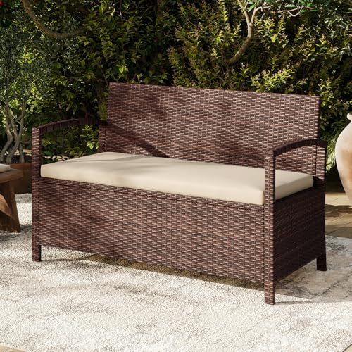 Tangkula 42 Gallon Outdoor Bench with Storage, Outdoor PE Rattan Storage Bench with Cushion, Backrest & Acacia Wood Armrests, Metal Frame, Waterproof Deck Box Seat for Porch Backyard Poolside