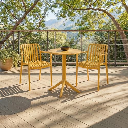 SAFAVIEH Outdoor Patio Furniture Collection – Holly Yellow Stacking Dining Armchair Set of 2, Fully Assembled Outdoor Chairs, Modern Slatted Design, Weather-Resistant Patio Seating (PAT4702E-SET2)
