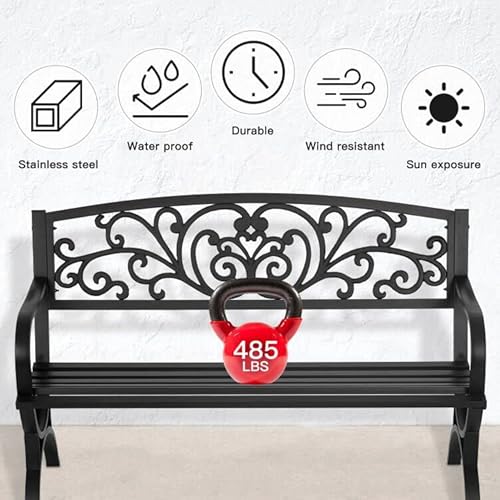 Patio Garden Bench 50 inch Outdoor Metal Loveseat Chairs with Armrests Slatted Seat and w/Floral Design Backrest for Park, Yard, Porch, Lawn, Balcony, Backyard, Black