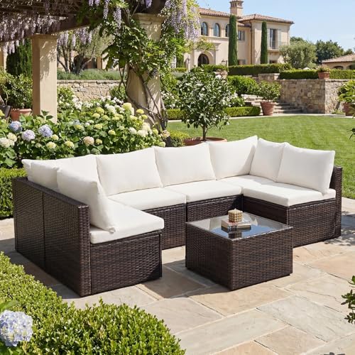 DUMOS 7 Piece Outdoor Patio Sectional Sofa, Modular Wicker Furniture Set with 2.8" Thick Cushions, Adjustable Feet, Weather-Resistant Rattan Outdoor Couch for Backyard, Deck, Garden, Poolside, Brown
