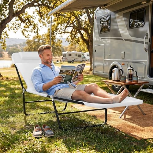 Outsunny Folding Chaise Lounge Chair, Pool Sun Tanning Chair, Outdoor Lounge Chair with Reclining Back, Breathable Mesh Seat, Headrest for Beach, Yard, Patio, Cream White