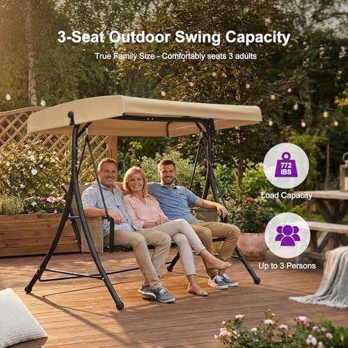 PURPLE LEAF 3-Seat Patio Swing with Stand and Meatl Steel Frame Porch Swing with Adjustable Tilt Canopy All-Weather Outdoor Swing Chair Seat for Backyard Garden Deck Balcony (Khaki)