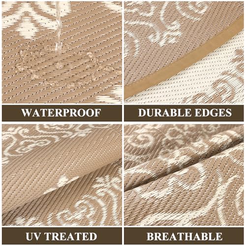 Pauwer Waterproof Outdoor Rug 8ft, Reversible Plastic Straw Patio Camping Rug, Indoor Outdoor RV Mat Carpet for Deck, Camper, Porch, Balcony, Backyard, Picnic, Floral Brown