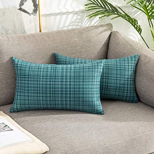 Kevin Textile Pack of 2 Decorative Outdoor Waterproof Throw Pillow Covers Lumbar Pillowcases Modern Cushion Cases for Patio Couch Bench 12 x 20 Inch Teal