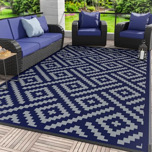 GENIMO Outdoor Rug for Patio Clearance, 6'x9' Waterproof Camping Mat, Reversible Plastic Straw Rugs for RV, Camper, Balcony, Backyard, Picnic, Deck (Blue & Grey)
