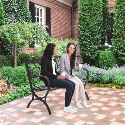 FDW Outdoor 50 Inches Garden Bench, Slatted Seat Armrests Floral Design Backres and Arch Legs, Perfect for Park, Yard, Porch, Lawn, Balcony, Backyard, Black