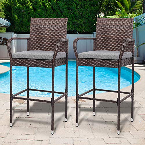 VINGLI Outdoor Bar Stools Set of 2, All-Weather Wicker Outdoor Barstools with Cushion, Patio Bar Stools for Garden Pool Lawn Backyard