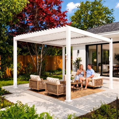 Suvivityse 10x10 Louvered Pergola with Lights, Aluminum Pergola with Adjustable Roof, Metal Outdoor Pergolas for Patios, Garden and Deck, White