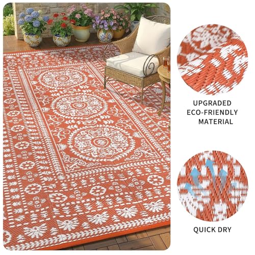 Garvee Reversible Outdoor Rug 5x8 for Patio, Waterproof Outdoor Area Rug, Boho Medallion Indoor Outdoor Carpet for Porch, Plastic Straw Rug for RV, Camping, Deck, Vintage Terracotta