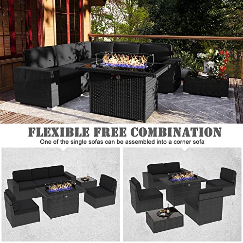 Vakollia 7 Pieces Patio Furniture Set with 44" Propane Gas Fire Pit Table, Outdoor Sectional Wicker Conversation Sofa Sets with Coffee Table