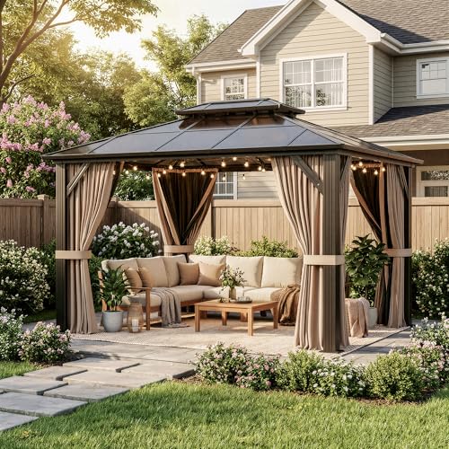 BETISEF 10'x12' Hardtop Gazebo, Outdoor Polycarbonate Roof Canopy, Aluminum Frame Permanent Pavilion with Curtains and Netting, Canopy for Garden, Patio, Lawns